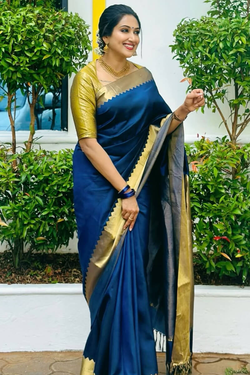 Eye-catching Navy Blue Soft Silk Saree With Vivacious Blouse Piece
