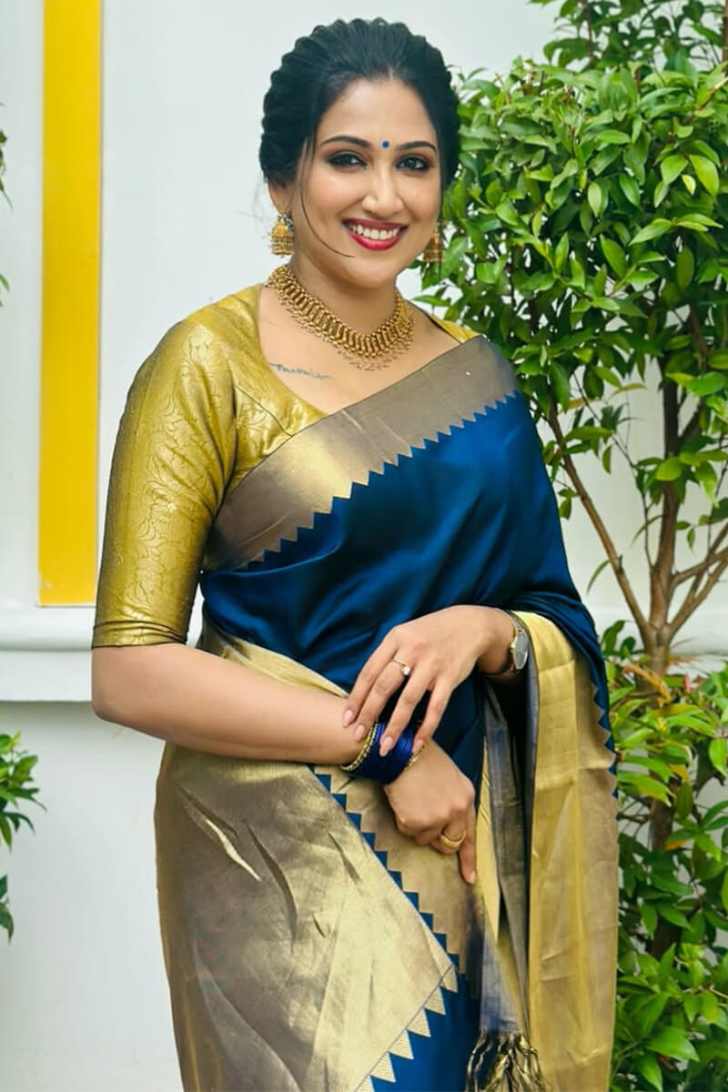 Eye-catching Navy Blue Soft Silk Saree With Vivacious Blouse Piece