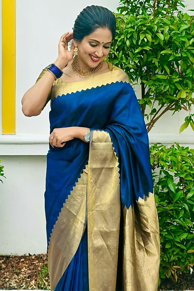 Eye-catching Navy Blue Soft Silk Saree With Vivacious Blouse Piece