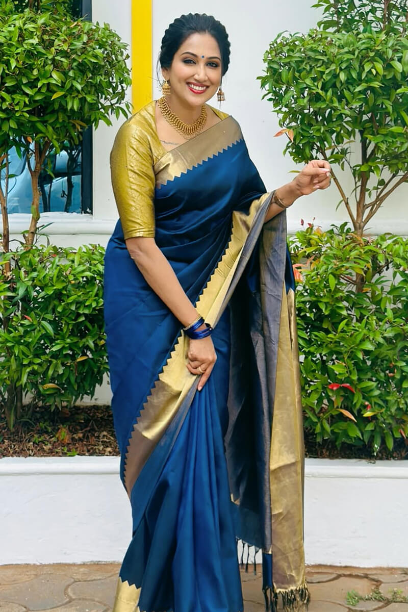 Eye-catching Navy Blue Soft Silk Saree With Vivacious Blouse Piece