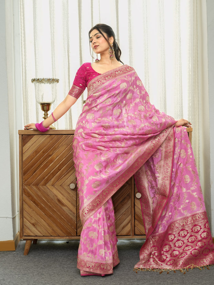 Lustrous Baby Pink Soft Silk Saree With Precious Blouse Piece