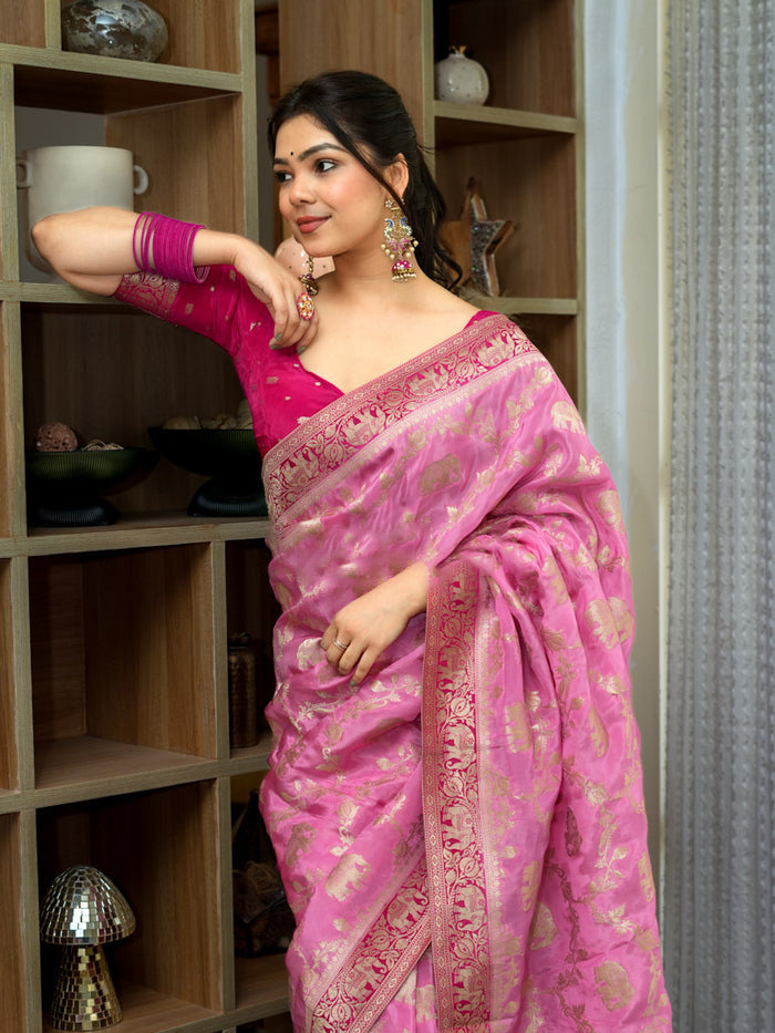Lustrous Baby Pink Soft Silk Saree With Precious Blouse Piece