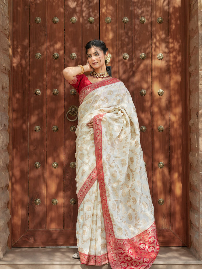 Skinny Beige Soft Silk Saree With Most Whimsical Blouse Piece