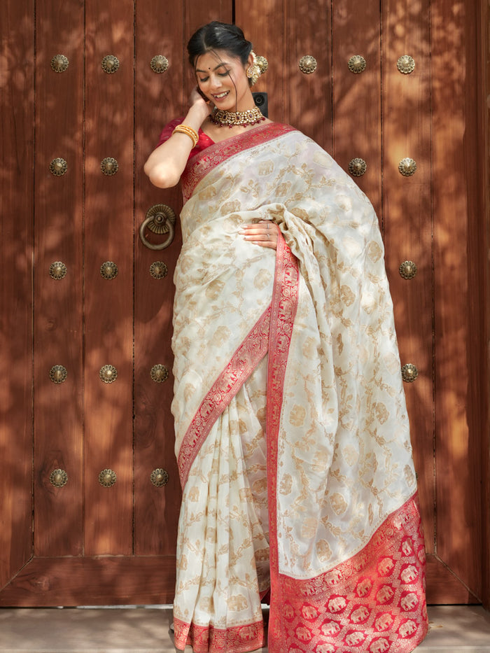 Skinny Beige Soft Silk Saree With Most Whimsical Blouse Piece