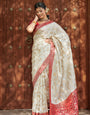 Skinny Beige Soft Silk Saree With Most Whimsical Blouse Piece