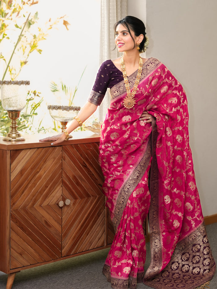 Charming Dark Pink Soft Silk Saree With Most Stunning Blouse Piece