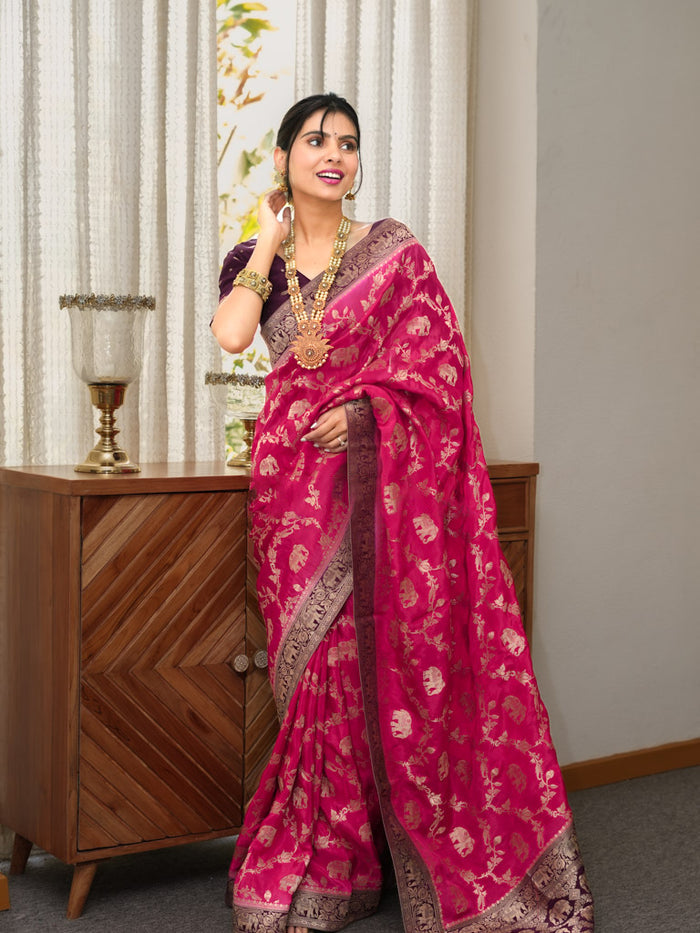Charming Dark Pink Soft Silk Saree With Most Stunning Blouse Piece