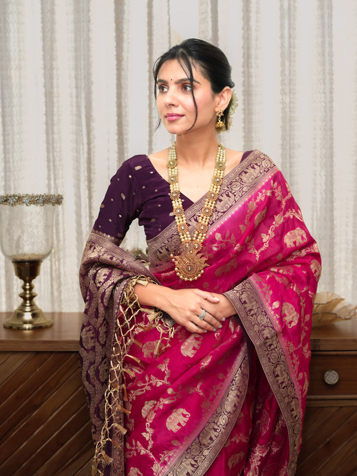 Charming Dark Pink Soft Silk Saree With Most Stunning Blouse Piece