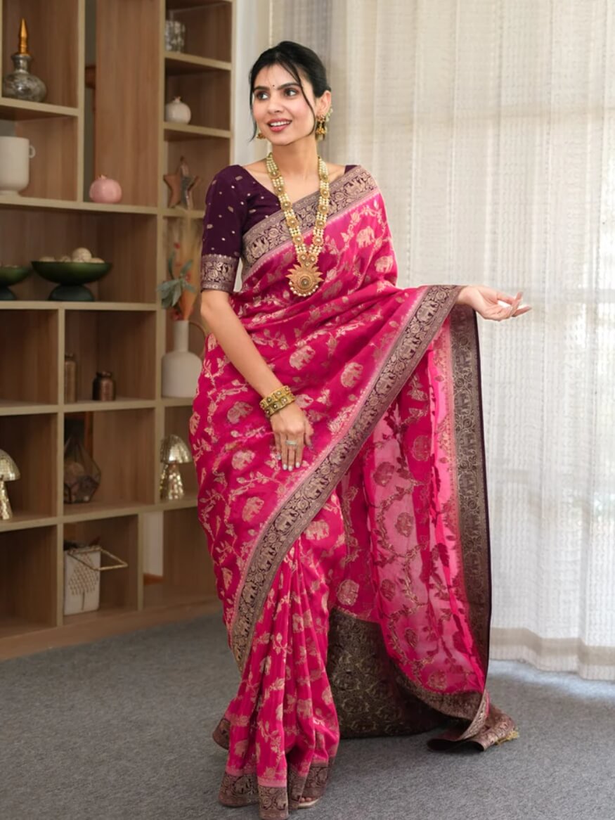 Charming Dark Pink Soft Silk Saree With Most Stunning Blouse Piece