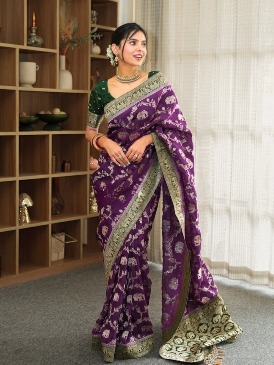 Demesne Purple Soft Silk Saree With Snappy Blouse Piece