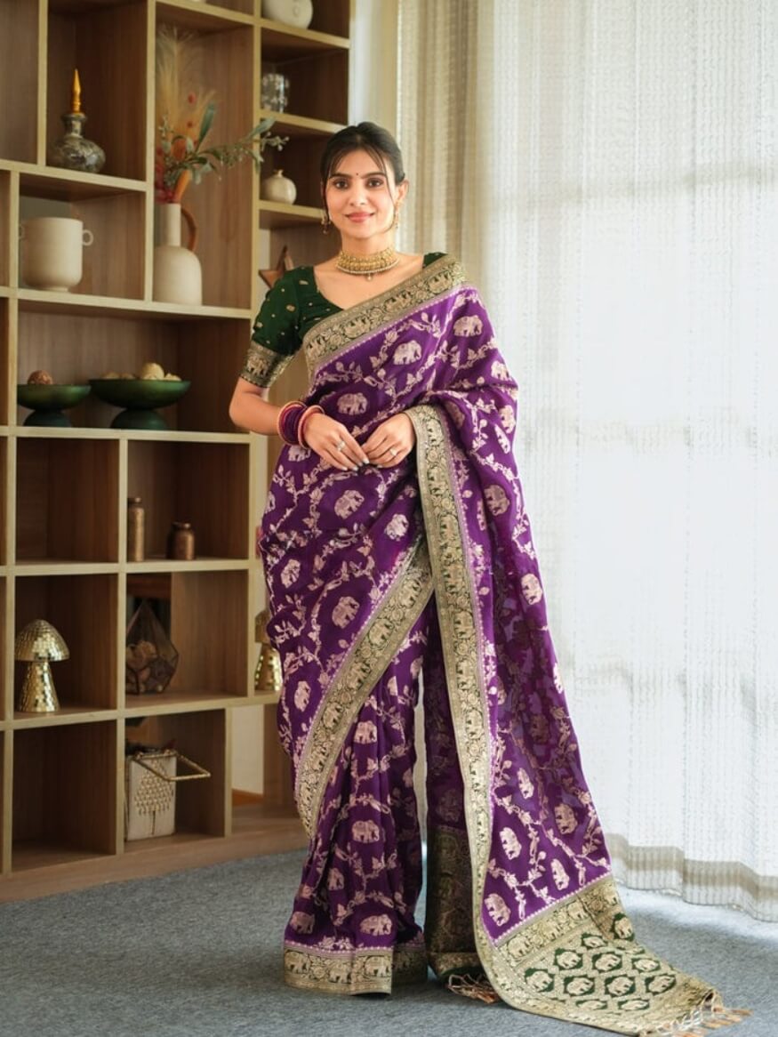 Demesne Purple Soft Silk Saree With Snappy Blouse Piece