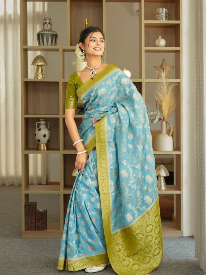 Lissome Sky Soft Silk Saree With Marvellous Blouse Piece