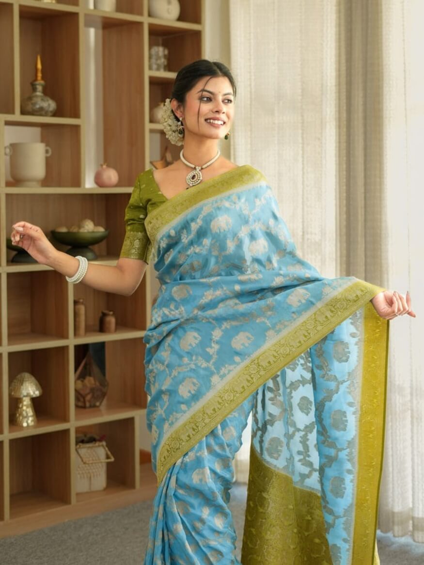 Lissome Sky Soft Silk Saree With Marvellous Blouse Piece