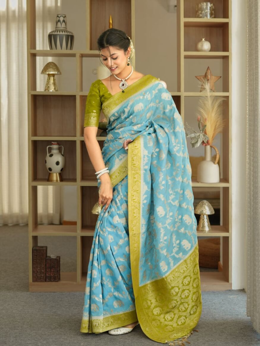 Lissome Sky Soft Silk Saree With Marvellous Blouse Piece