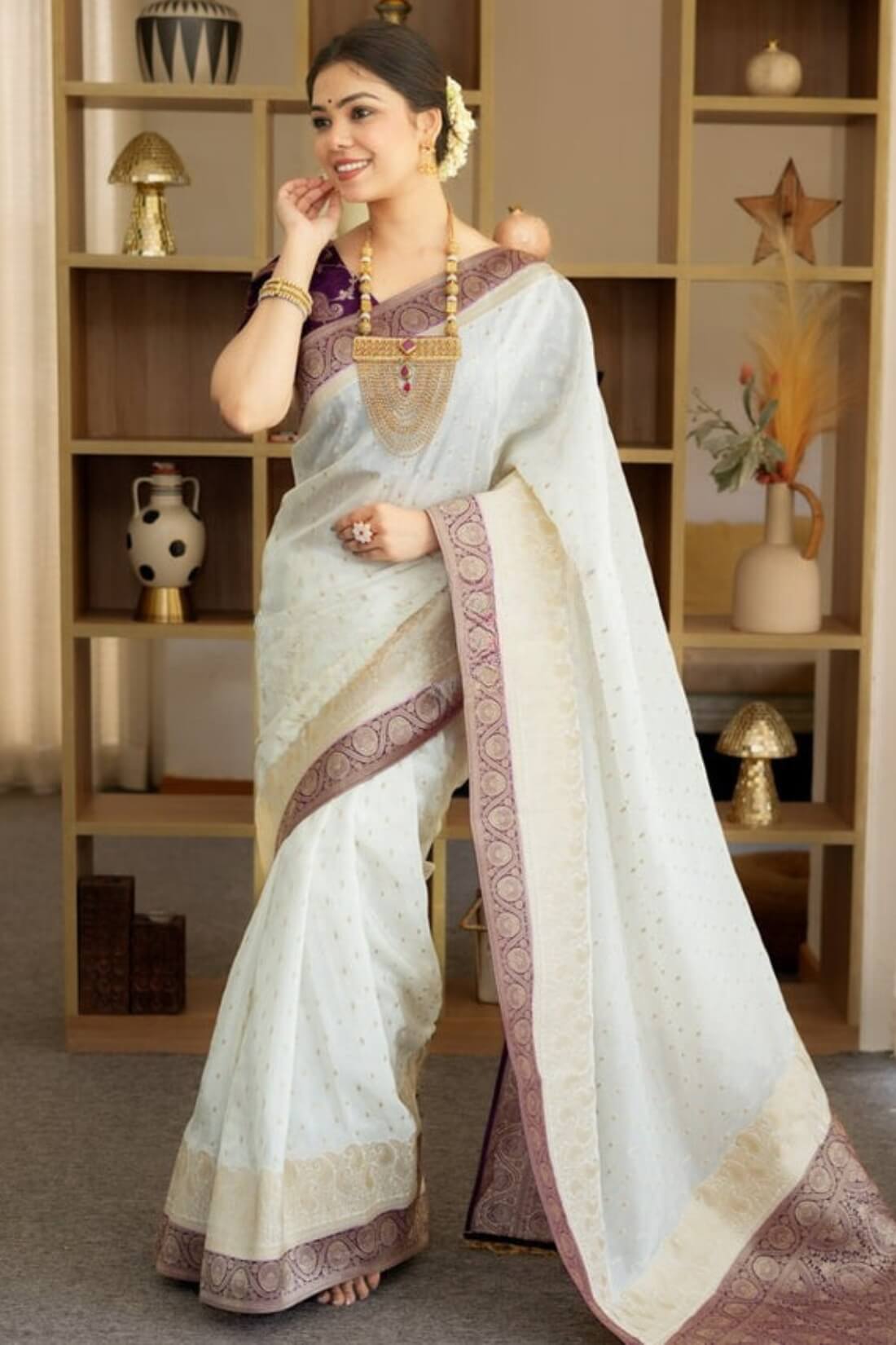 Exceptional Beige Soft Silk Saree With Dazzling Blouse Piece