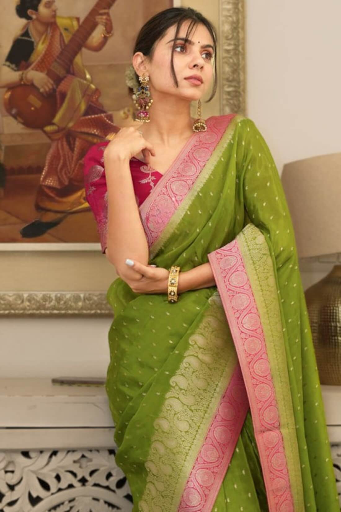 Pretty Green Soft Silk Saree With Innovative Blouse Piece