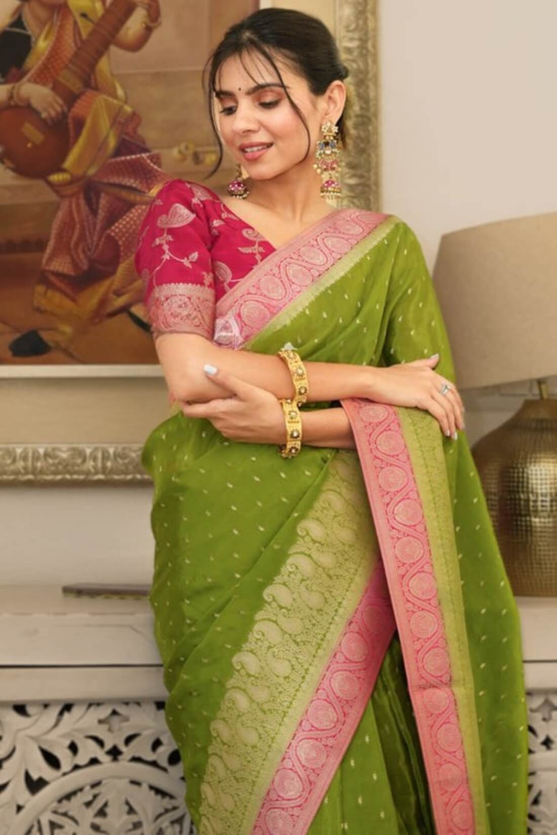 Pretty Green Soft Silk Saree With Innovative Blouse Piece