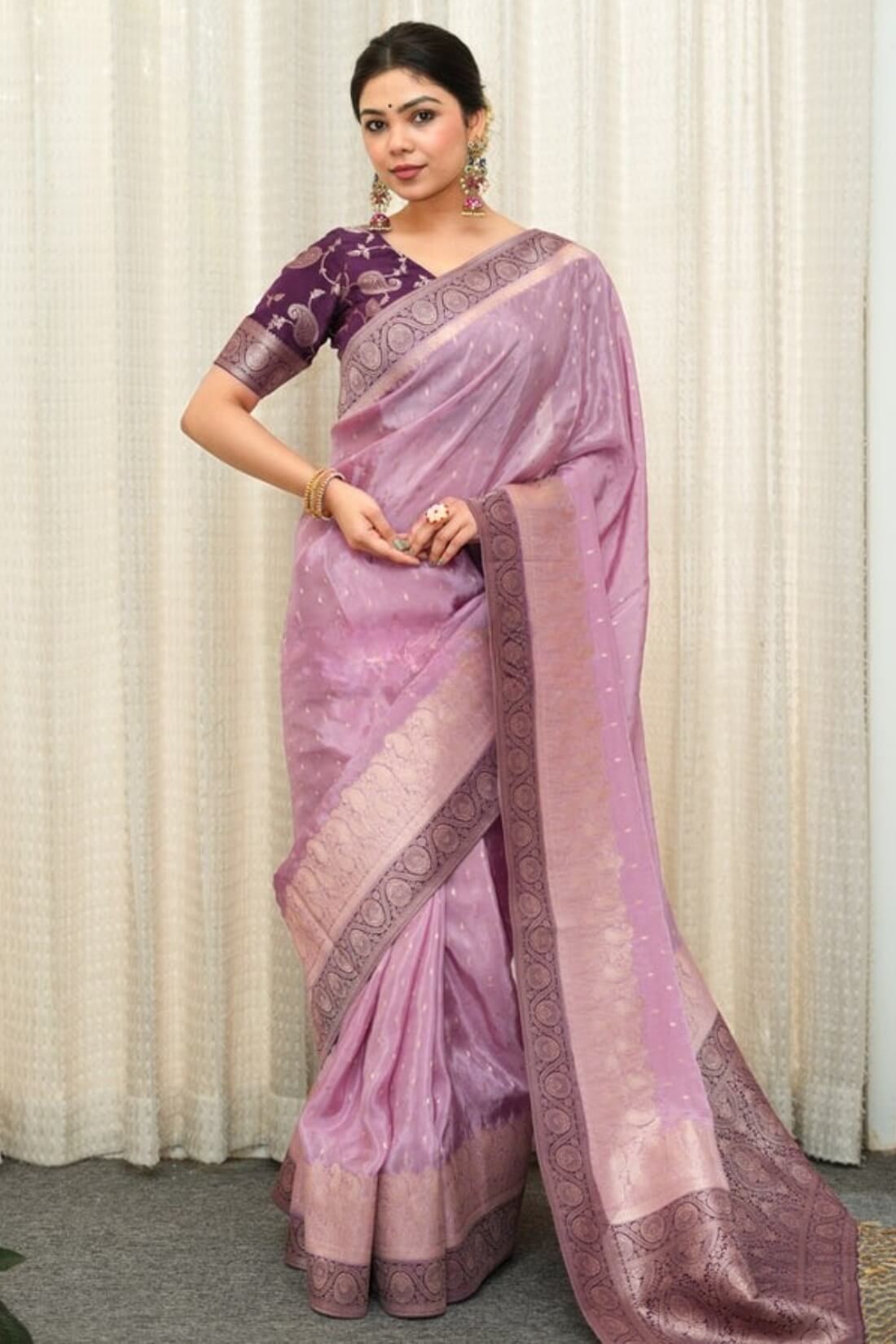 Delectable Lavender Soft Silk Saree With Elaborate Blouse Piece