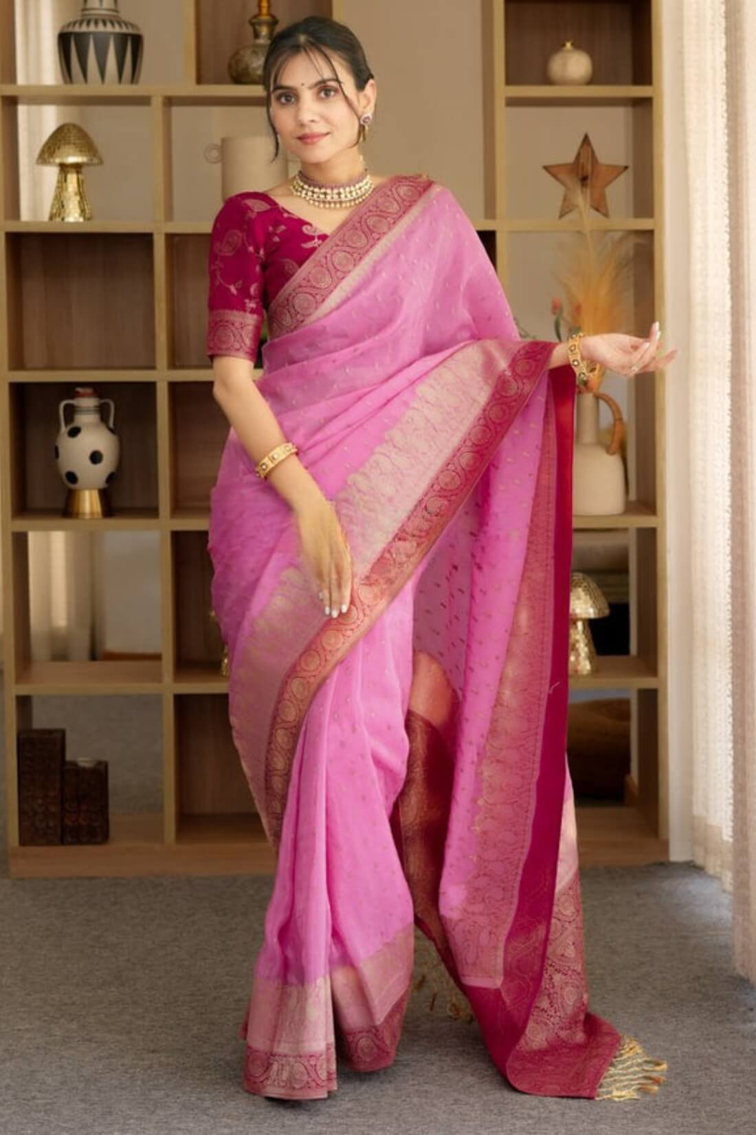 Comely Pink Soft Silk Saree With Twirling Blouse Piece