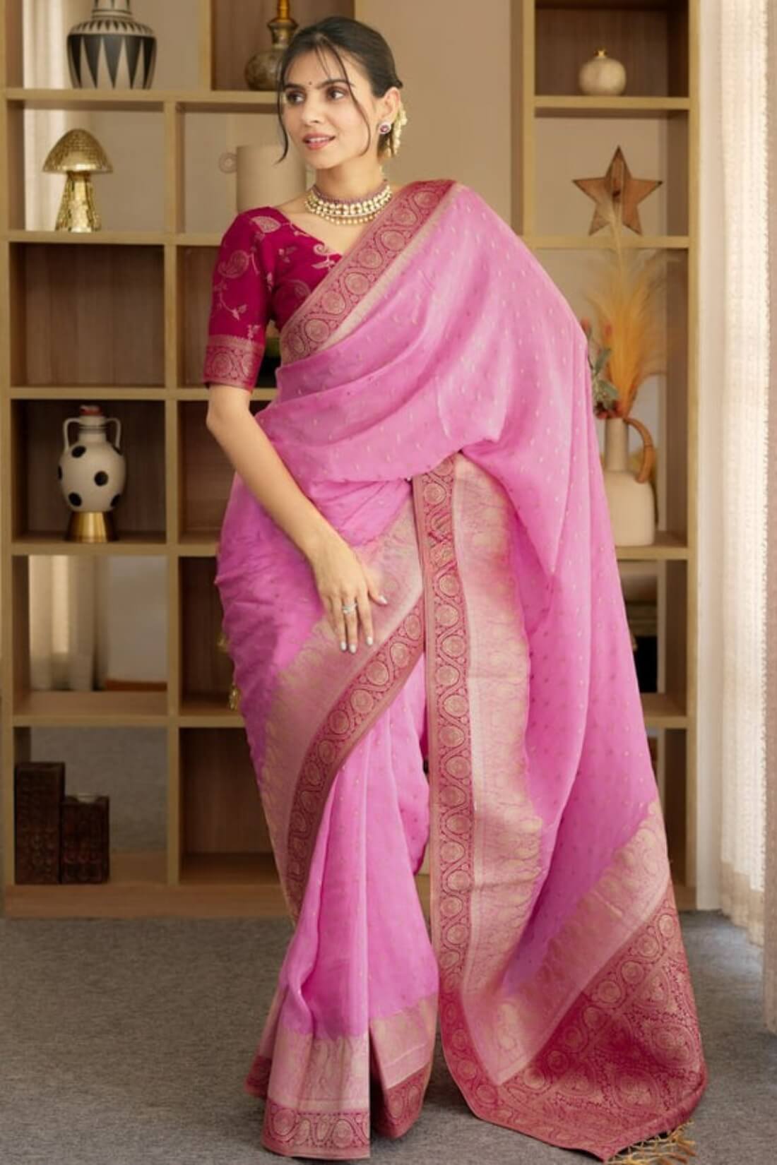 Comely Pink Soft Silk Saree With Twirling Blouse Piece