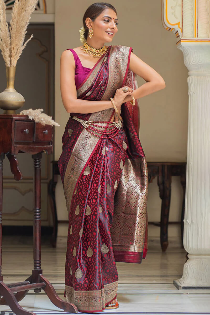 Posh Maroon Soft Silk Saree With Mellifluous Blouse Piece