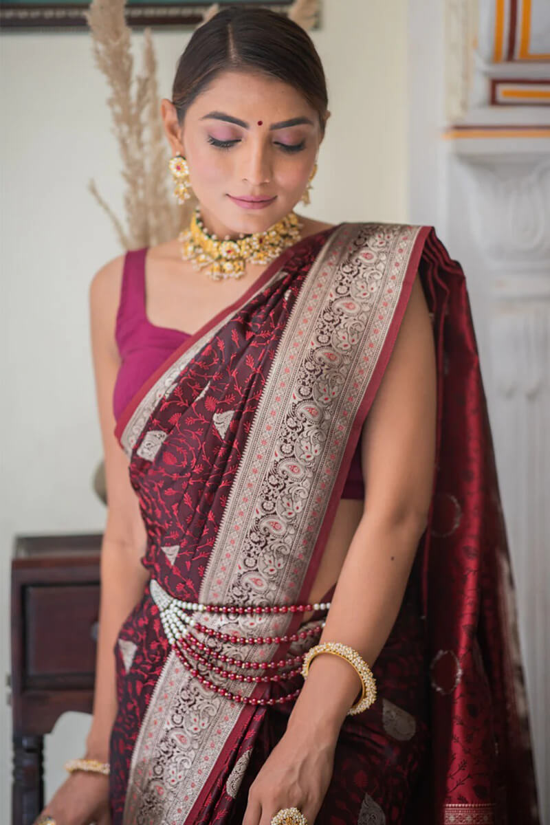 Posh Maroon Soft Silk Saree With Mellifluous Blouse Piece