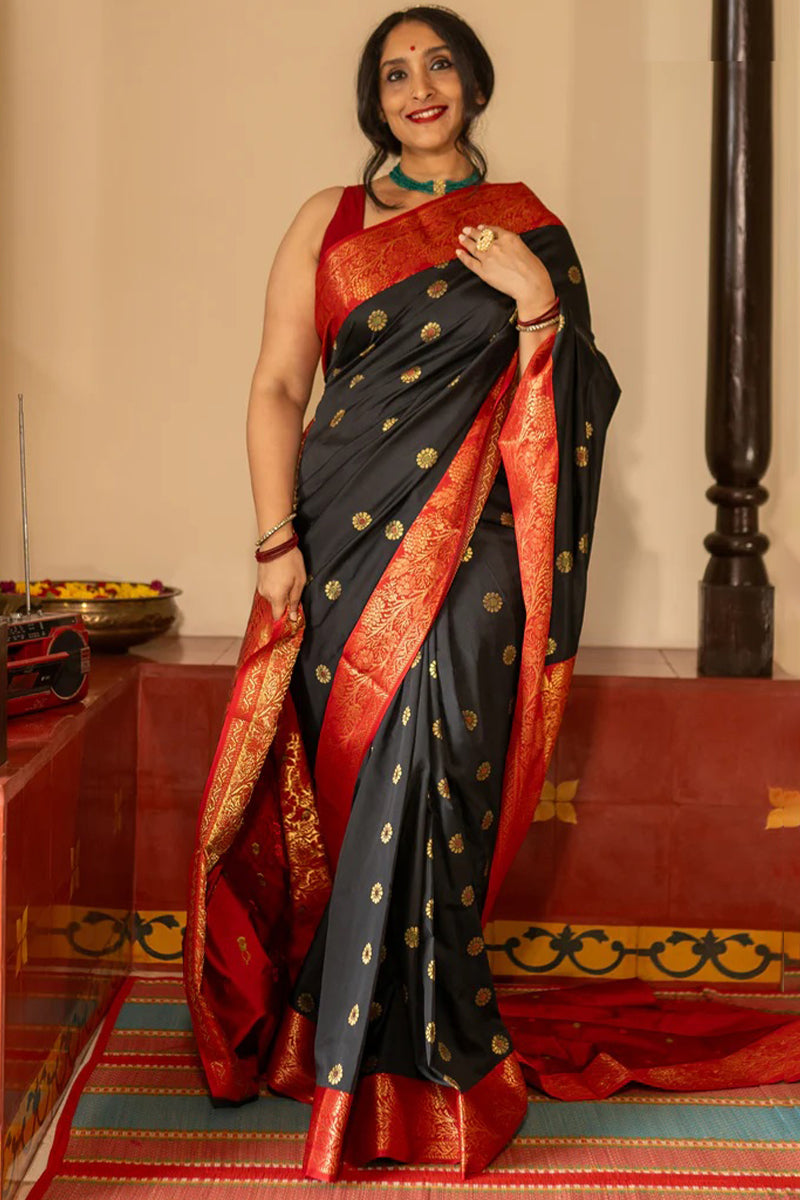 Woebegone Black Soft Silk Saree With Lassitude Blouse Piece
