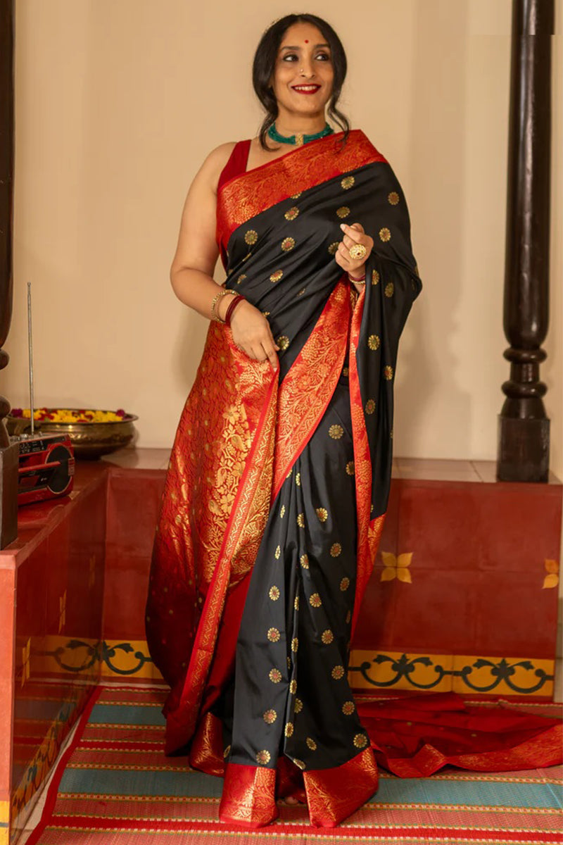 Woebegone Black Soft Silk Saree With Lassitude Blouse Piece