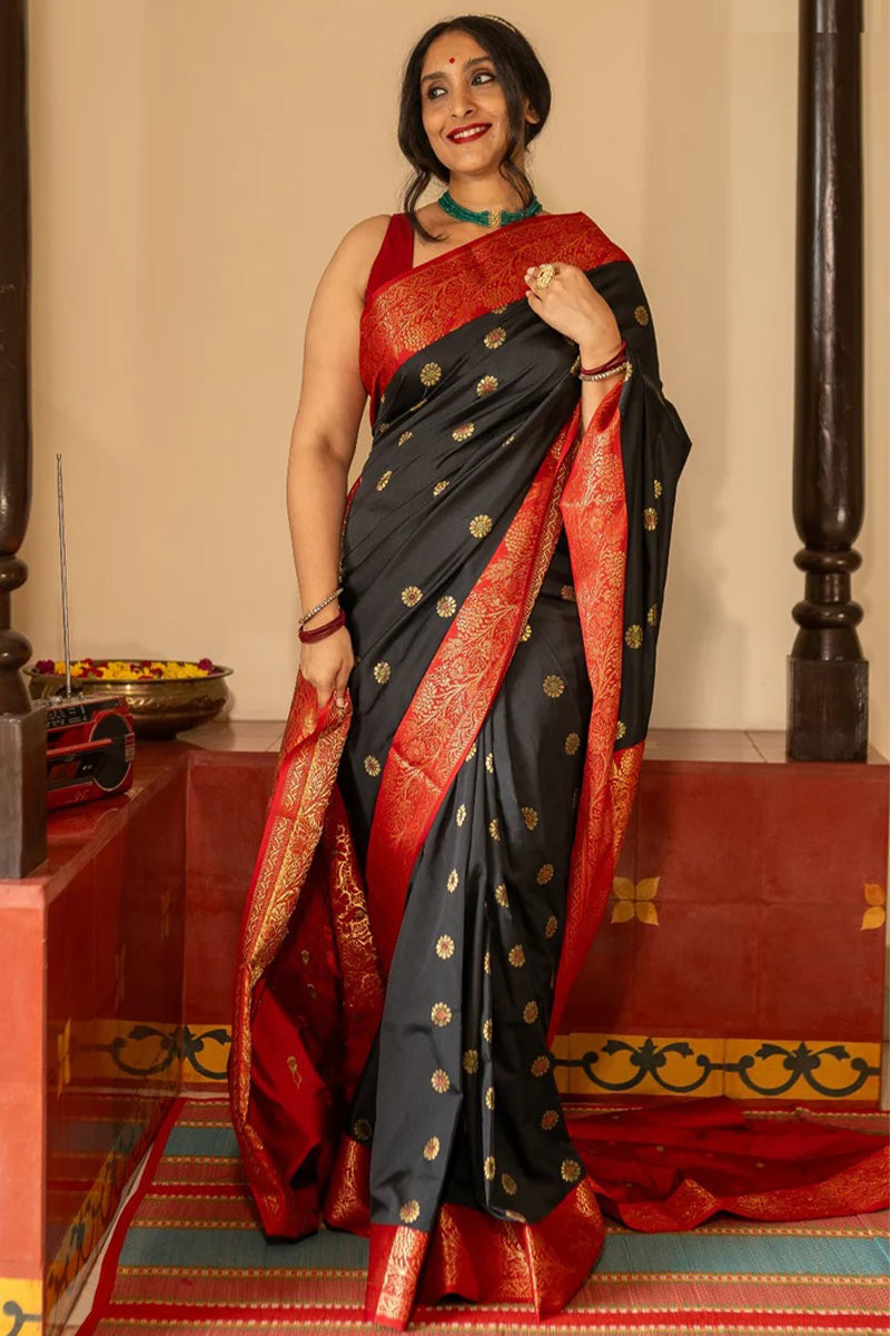 Woebegone Black Soft Silk Saree With Lassitude Blouse Piece