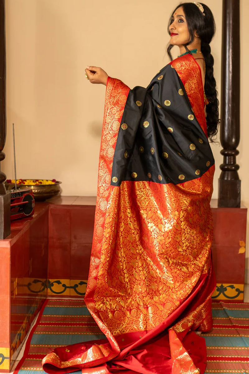 Woebegone Black Soft Silk Saree With Lassitude Blouse Piece