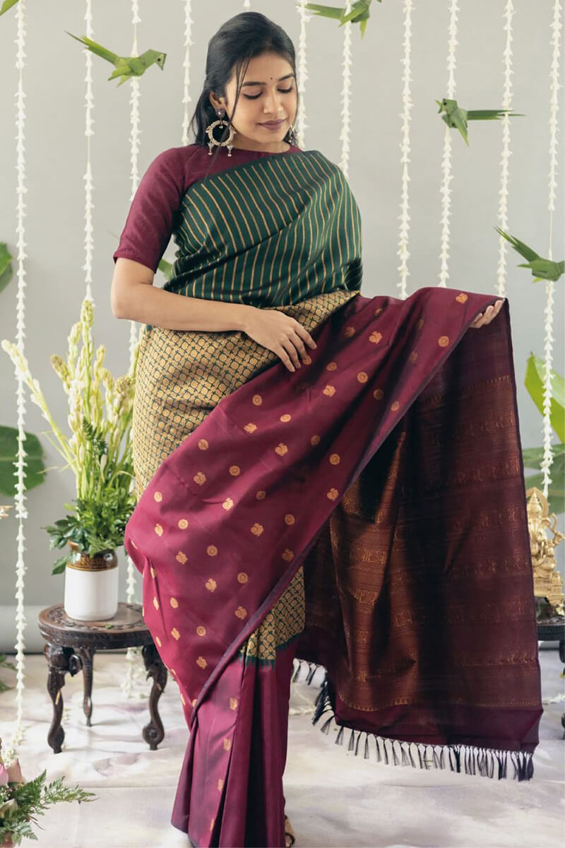 Flameboyant Wine Soft Silk Saree With Assemblage Blouse Piece