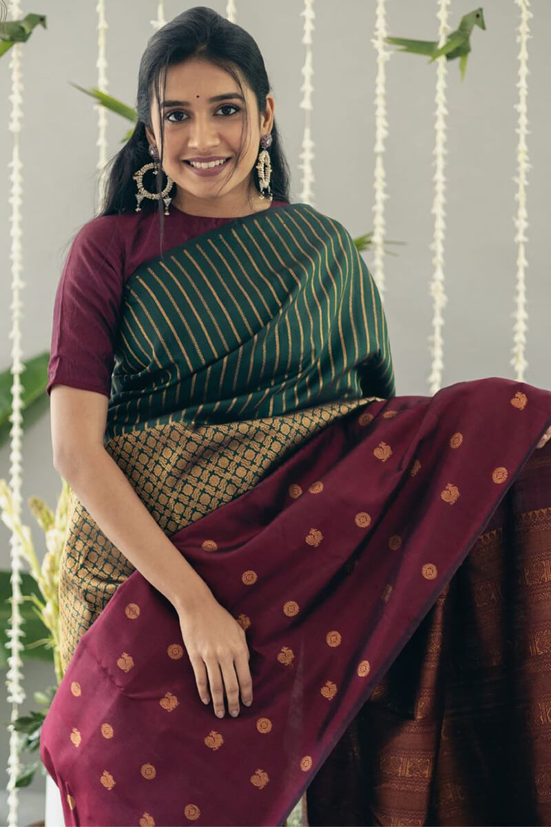 Flameboyant Wine Soft Silk Saree With Assemblage Blouse Piece
