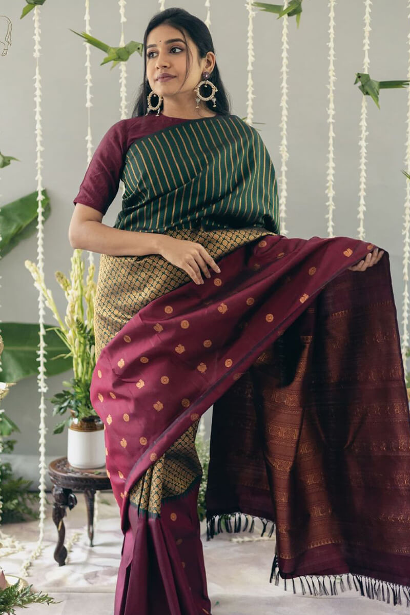 Flameboyant Wine Soft Silk Saree With Assemblage Blouse Piece