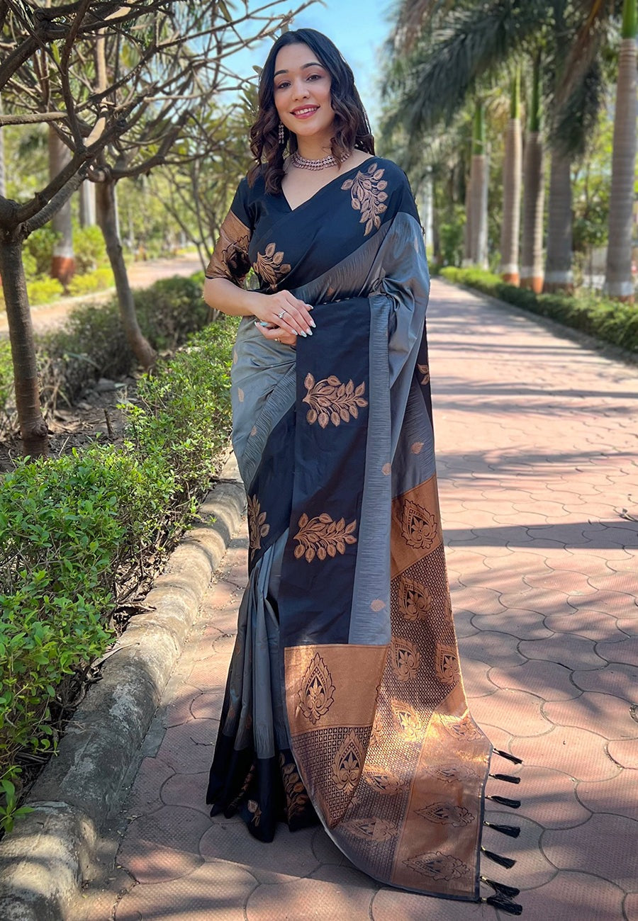 Fancifull Grey Soft Silk Saree With Divine Blouse Piece