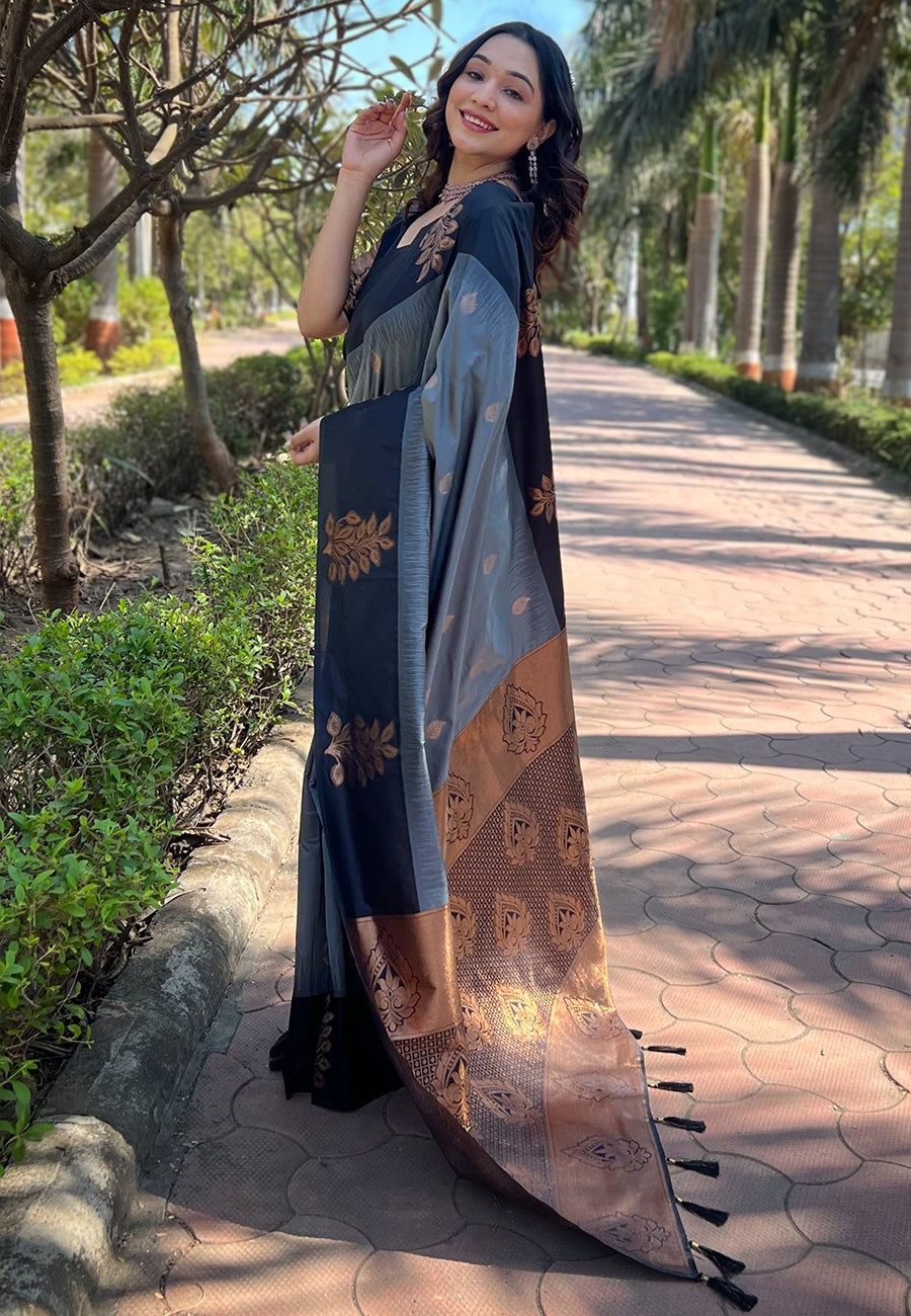 Fancifull Grey Soft Silk Saree With Divine Blouse Piece