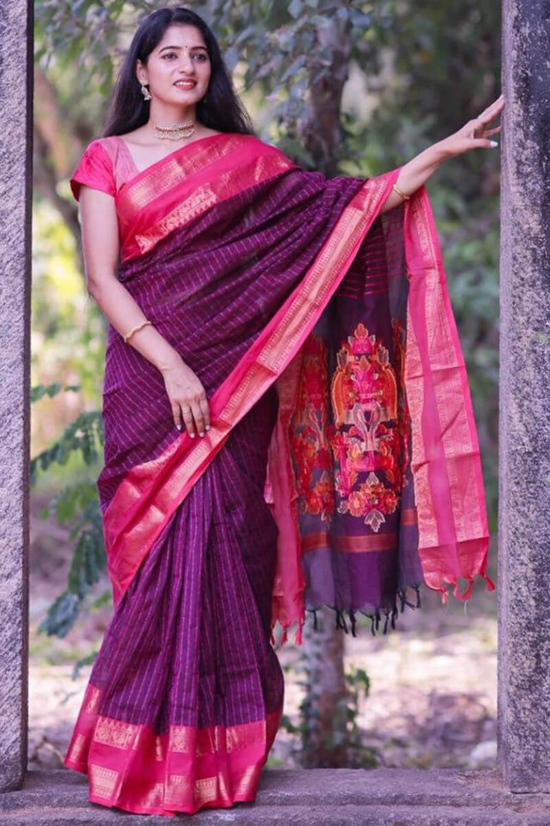 Devastating Purple Cotton Silk Saree With Epiphany Blouse Piece