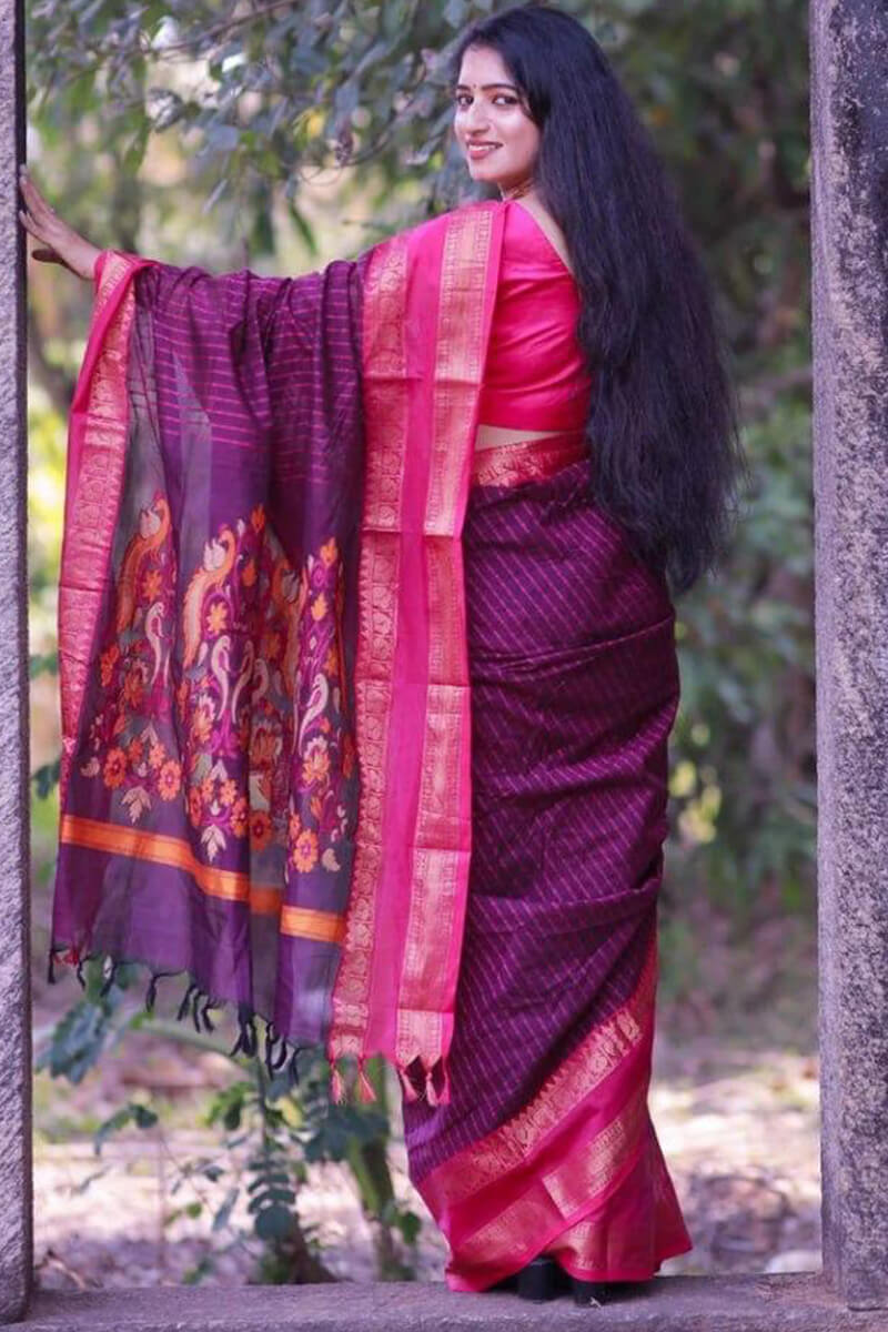 Devastating Purple Cotton Silk Saree With Epiphany Blouse Piece