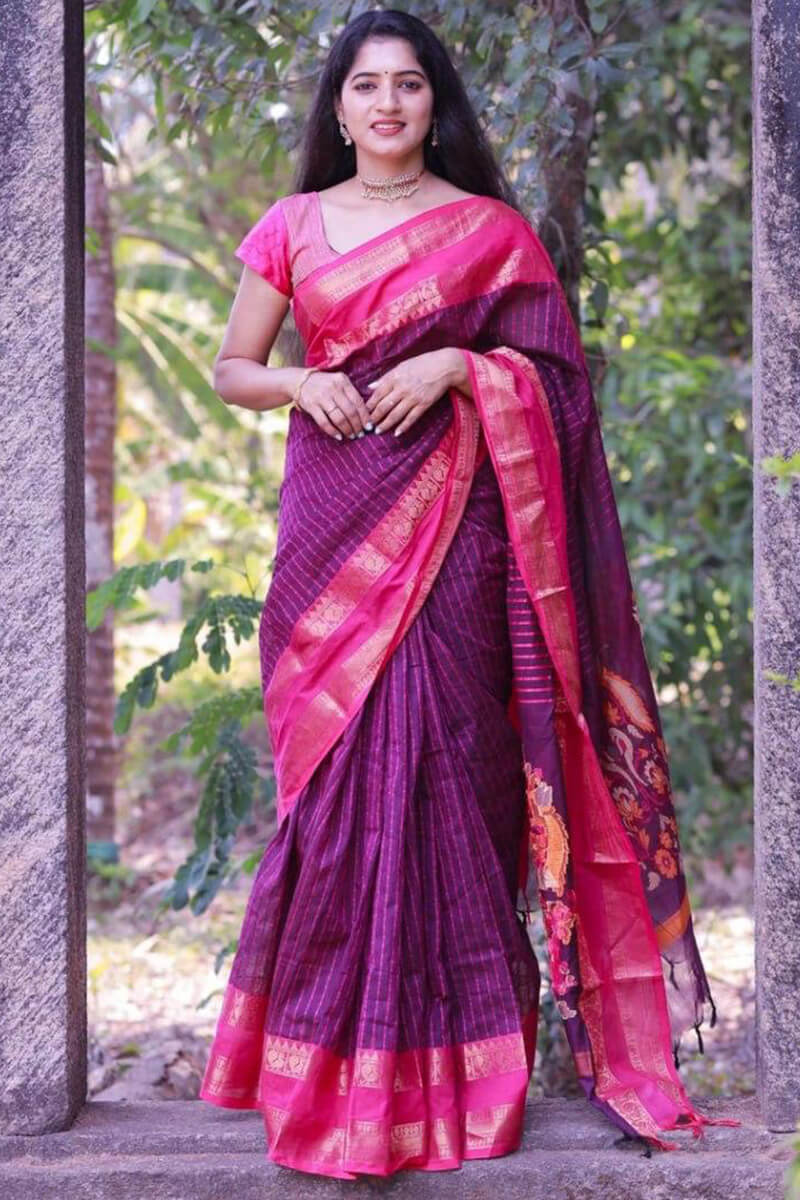 Devastating Purple Cotton Silk Saree With Epiphany Blouse Piece