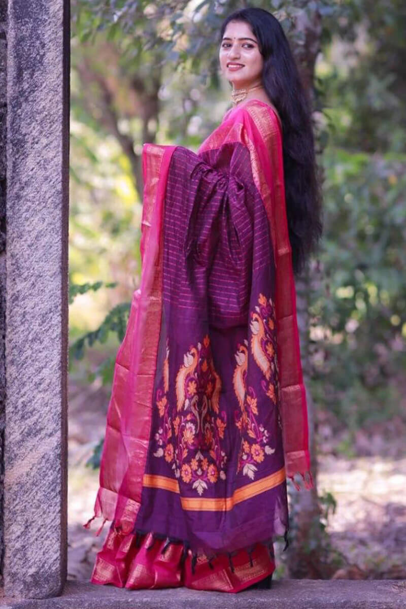 Devastating Purple Cotton Silk Saree With Epiphany Blouse Piece