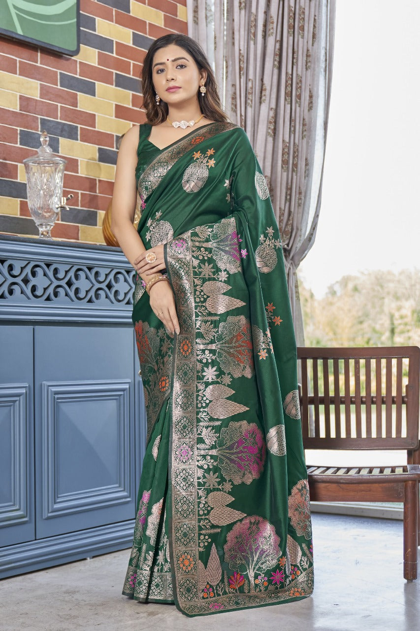 Enigmatic Dark Green Soft Silk Saree With Inimitable Blouse Piece