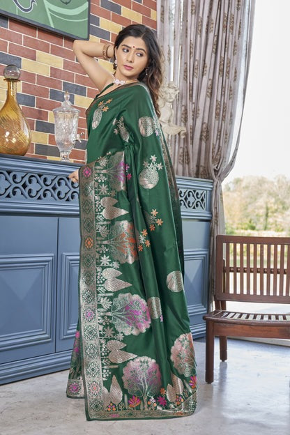 Enigmatic Dark Green Soft Silk Saree With Inimitable Blouse Piece