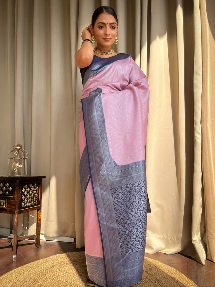 Delightful Baby Pink Soft Silk Saree With Ravishing Blouse Piece