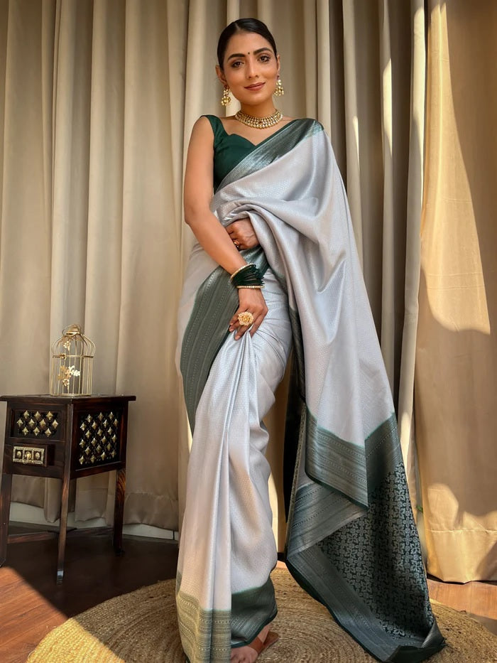 Unique Grey Soft Silk Saree With Prettiest Blouse Piece