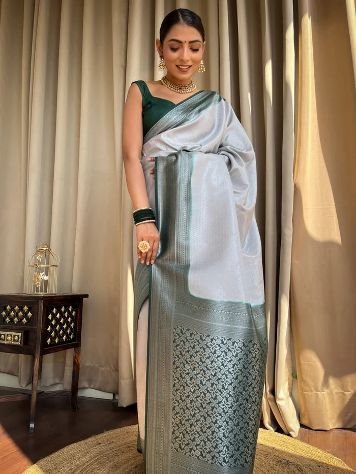 Unique Grey Soft Silk Saree With Prettiest Blouse Piece