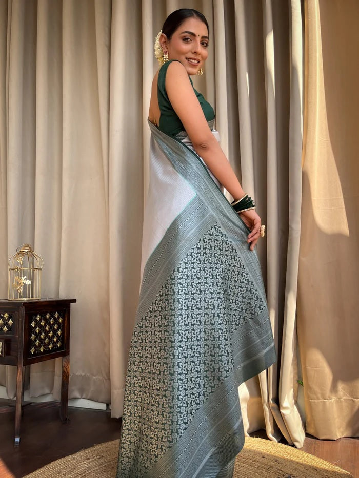 Unique Grey Soft Silk Saree With Prettiest Blouse Piece