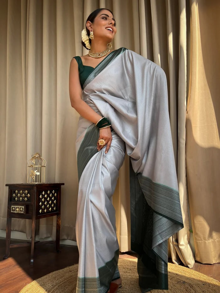 Unique Grey Soft Silk Saree With Prettiest Blouse Piece