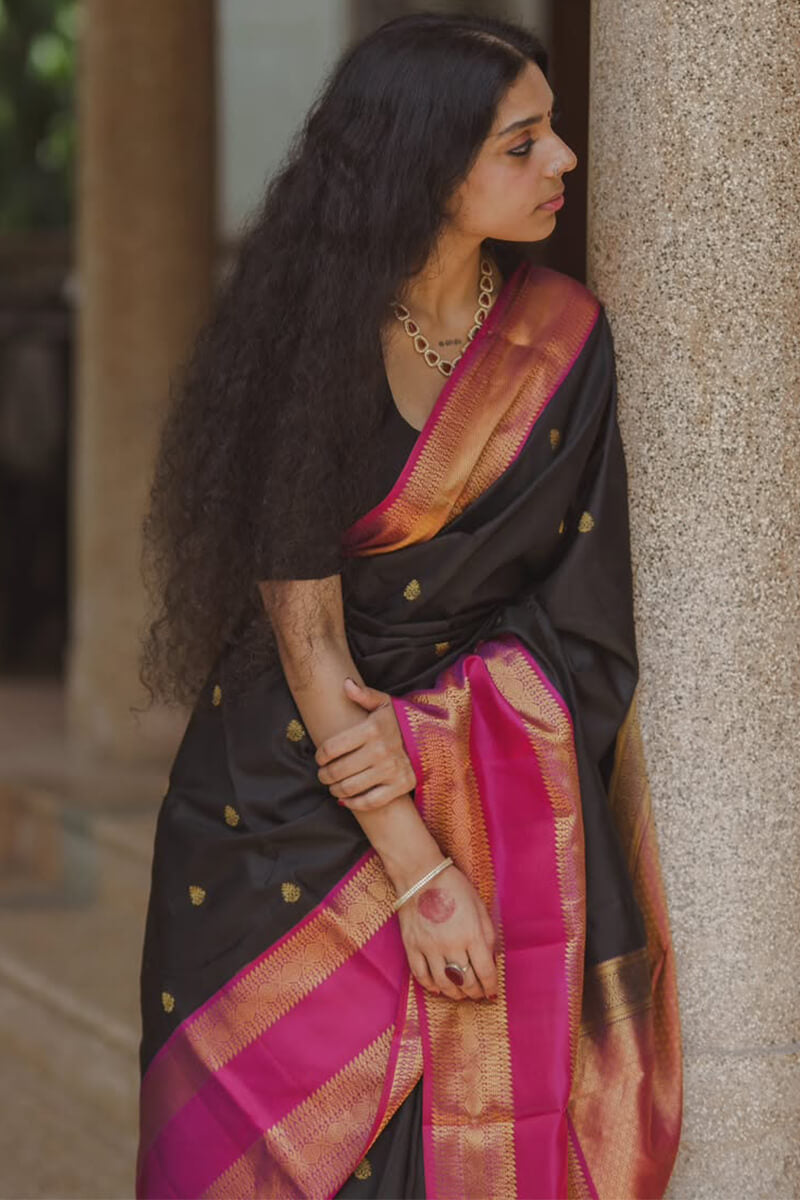 Moiety Black Soft Silk Saree With Supernal Blouse Piece