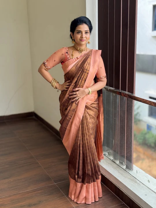 Confounding Brown Soft Silk Saree With Excellent Blouse Piece