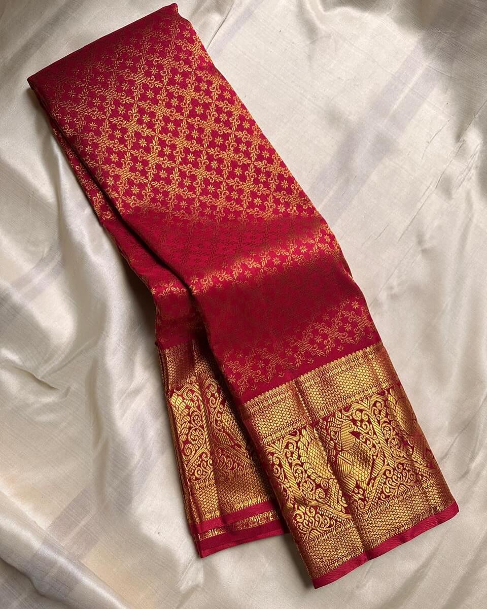 Blooming Red Soft Banarasi Silk Saree With Luminous Blouse Piece