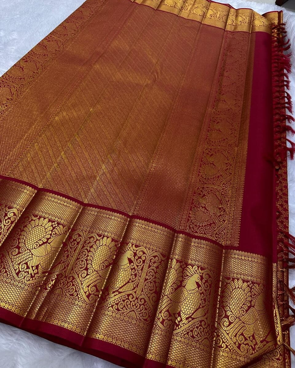 Blooming Red Soft Banarasi Silk Saree With Luminous Blouse Piece